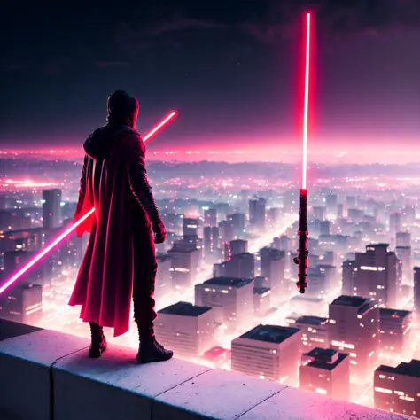 photo, a man standing on a ledge holding a red light saber overlooking a city at night (NeonNinja style:1) <lora:djzNeonNinjaV21...