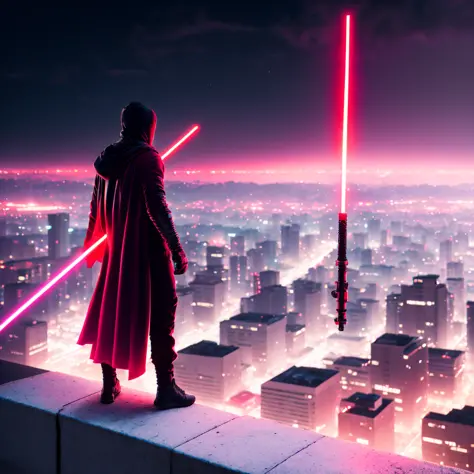 photo, a man standing on a ledge holding a red light saber overlooking a city at night (neonninja style:1) <lora:djzneonninjav21...