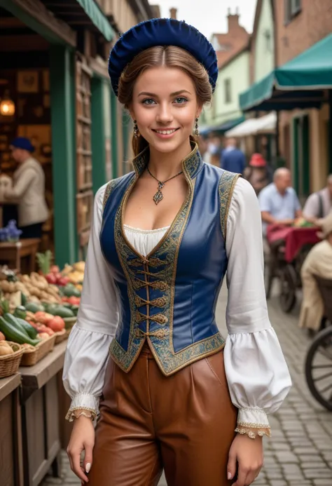 (medium full shot) of (sophisticated young woman from the tudor era), brazilian, tan skin, light green eyes, normal build, medium brown updo hair, wearing a royal blue leather vest with ornate designs, loose pants with elegant design, ankle boots with buckles, subtle eyeshadow, signet ring, feathered hat,  set in the tudor era, in  a quaint village market, with friendly merchants, local crafts, charming booths, a relaxed atmosphere, at night, woman smiling, Masterpiece,best quality, photo, realistic, very aesthetic, detailed face,