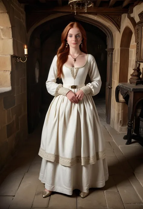 (medium full shot) of (sophisticated young woman from the tudor era), indian, mahogany skin, olive green eyes, Average build, extra long ginger layered cut hair, wearing a pure white court dress with elegant details, buckle shoes, subtle eyeshadow, silver earrings, carrying a silk pouch,  set in the tudor era, in  a cozy castle chamber, with a large fireplace, wooden beams, rich tapestries, comfortable chairs, a four-poster bed, woman smiling, ,Masterpiece,best quality, raw photo, realistic, very aesthetic, dark