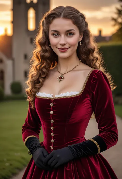 (medium full shot) of (majestic young woman from the tudor era), german, tan skin, light brown eyes, lithe build, long dark curl...