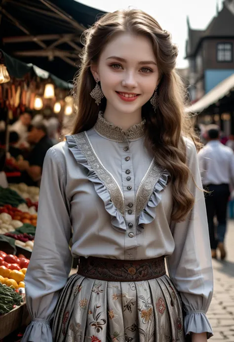 (medium full shot) of (sophisticated young woman from the tudor era), thai, pale skin, brown eyes, slender build, long hazel wavy down hair, wearing a silver grey ruffled shirt with intricate patterns, pleated skirt with embroidery, decorative flats with stylish design, subtle eyeshadow, silver earrings, ruffled collar,  set in the tudor era, in  a bustling market square, with vendors selling goods, lively crowds, colorful stalls, the scent of fresh produce, at night, woman smiling, ,Masterpiece,best quality, raw photo, realistic, very aesthetic