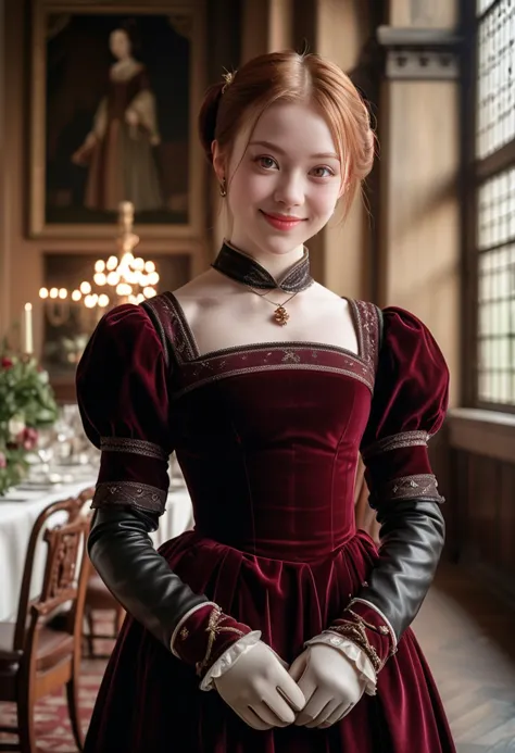 (medium full shot) of (stately young woman from the tudor era), japanese, pale skin, light brown eyes, lithe build, short ginger pigtails hair, wearing a deep burgundy fitted sleeve dress with pleated details, leather boots, natural lip balm, signet ring, velvet gloves,  set in the tudor era, in  a grand banquet hall, with high ceilings, large chandeliers, exquisite table settings, lively entertainment, fine decorations, during sunset, woman smiling, ,Masterpiece,best quality, raw photo, realistic, very aesthetic