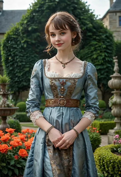 (medium full shot) of (regal young woman from the tudor era), canadian, pale skin, light blue eyes, slim build, short brown bang...