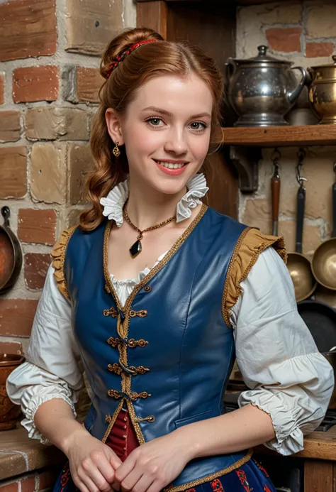 (medium full shot) of (stately young woman from the tudor era), french, fair skin, light brown eyes, petite build, short red ponytail hair, wearing a royal blue leather vest with ornate designs, wool hose, decorative flats with stylish design, subtle eyeshadow, gold earrings, ruffled collar,  set in the tudor era, in  a bustling castle kitchen, with large hearth, wooden tables, hanging pots and pans, busy servants, during sunset, woman smiling, ,Masterpiece,best quality, photo, realistic, very aesthetic, detailed face,