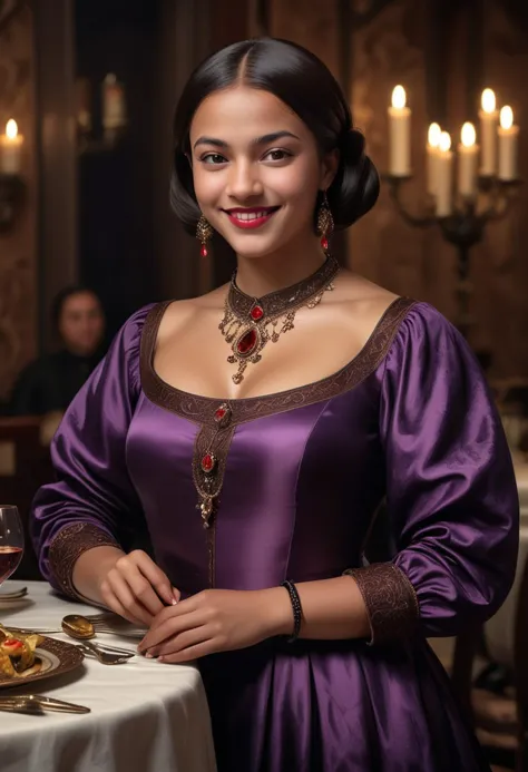 (medium full shot) of (noble young woman from the tudor era), brazilian, tan skin, brown eyes, full-figured build, extra long da...