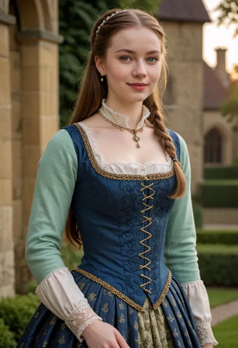 masterpiece, reality, 4k, (medium full shot) of (graceful young woman from the tudor era), french, pale skin, mint green eyes, l...