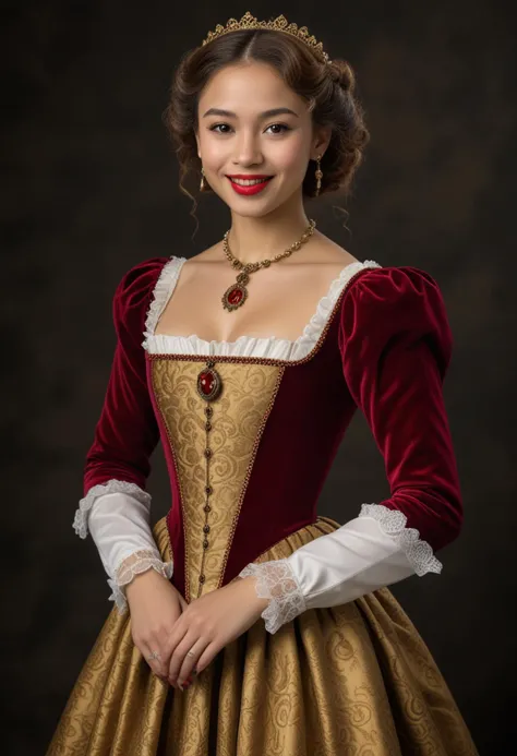 (medium full shot) of (dignified young woman from the tudor era), philippine, light skin, brown eyes, slim build, medium hazel c...