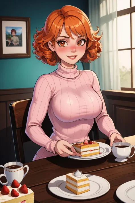 (masterpiece, best quality:1.2), , shadman, 1girl, pink sweater, teacup, solo, sweater, orange hair, brown eyes, cup, ribbed sweater breasts, large breasts, smile, food, cake, sitting, short hair, looking at viewer, chair, plate, holding, saucer, blush, curly hair,