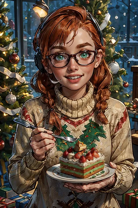 lis, orange hair, one braid, green eyes, glasses, headset, wearing christmas sweater, looking at viewer, smiling, happy, teeth, upper body shot, 
feedingCake,christmas,christmas lights,christmas ornaments,christmas tree,solo focus,(feeding cup of cake in spoon to viewer,feeding,spoon,holding spoon,incoming food), high quality, masterpiece,<lora:happyChristmas:.2> <lora:lis_(battlefield_2042):.6>