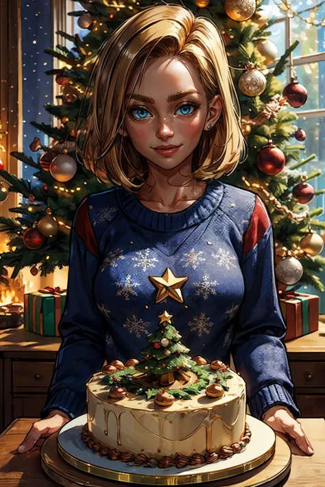 Android_18_DB, blonde hair, blue eyes, wearing a christmas sweater, looking at viewer, serious, smiling, upper body shot, 
celebrateCake,christmas,christmas lights,christmas ornaments,christmas tree,celebrateCake, standing next to a christmas cake,high qua...