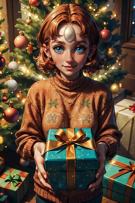 pearl, short orange hair, blue eyes, forehead jewel, wearing a christmas sweater, looking at viewer, smiling, blush, muedium shot, 
christmasPresent,christmas,christmas lights,christmas ornaments,christmas tree,merry christmas,solo focus,giving gift box, gift, gift box, giving, holding gift, incoming gift,high quality, masterpiece,<lora:happyChristmas:.3> <lora:Pearl:.7>