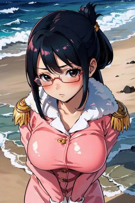 masterpiece, best quality, tashigi, black eyes, folded ponytail, glasses, large breasts, pink coat, pink gloves, epaulettes, looking at viewer, from above, blushing, ocean, city <lora:tashigi-nvwls-v1-000010:0.9>