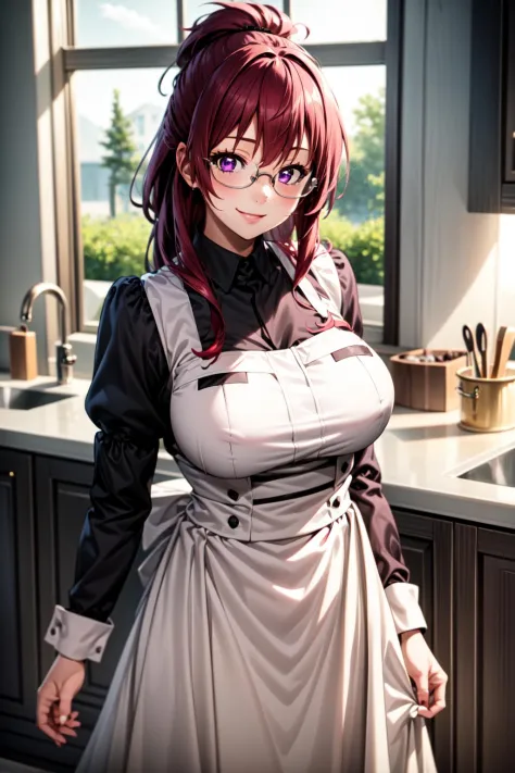 best quality, masterpiece, 1girl, (solo:1.1), raytracing, ultra detailed,detailed face, 8k wallpaper, wide hips, LilliaGreyratNDV, 1girl, red hair, purple eyes, large breasts, long hair, maid hat, maid suit, glasses, apron,kitchen, smile