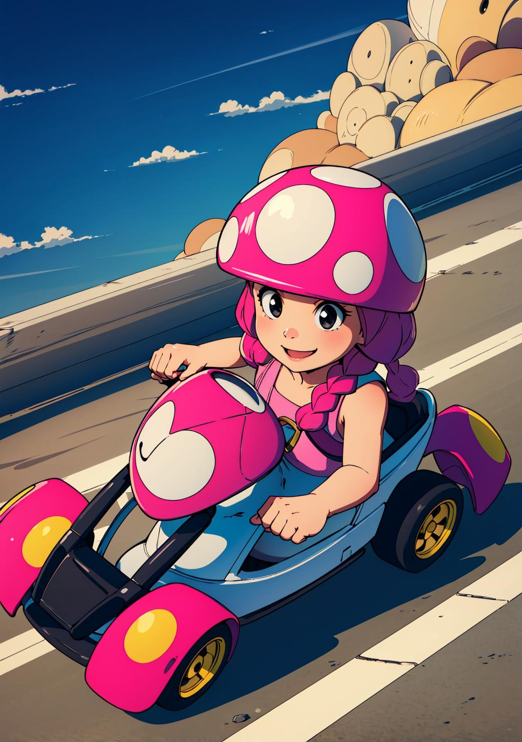 Un gros plan d'un personnage de dessin animé conduisant une voiture  rose - SeaArt AI