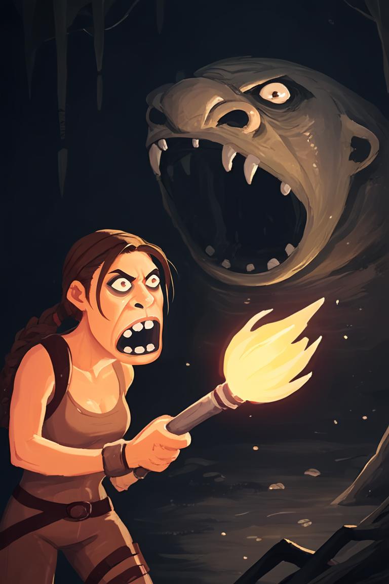 A woman holding a torch in front of a monster - SeaArt AI