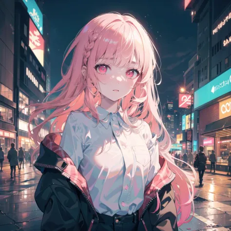 1girl, solo, loli, petite,(night_sky), (very_long_pink_hair), braids, (red_eyes), medium_breasts, (white_shirt:1.5), (windbreaker), (off_shoulder:1.2), (portrait), glowing_eyes, background_light, (cityscape:1.5), (neon_lights:1.2), (science), cyberpunk, ((masterpiece)), (highres), (best_quality), (highly_detailed), (original),(Delicate background),(extremely detailed 8K wallpaper),cinematic lighting, volume lighting, light particles, shaded_face, beautiful_detailed_eyes, depth_of_field, perspective,<lora:头发内部上色conceptColoredInner_v10:1,1,1,1,1,1,0.2,1,0.2,0,0,0.8,1,1,1,1,1>, 