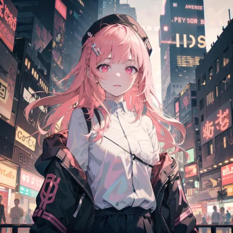 1girl, solo, loli, petite,(night_sky), (very_long_pink_hair), braids, (red_eyes), medium_breasts, (white_shirt:1.5), (windbreaker), (off_shoulder:1.2), (portrait), glowing_eyes, background_light, (cityscape:1.5), (neon_lights:1.2), (science), cyberpunk, ((masterpiece)), (highres), (best_quality), (highly_detailed), (original),(Delicate background),(extremely detailed 8K wallpaper),cinematic lighting, volume lighting, light particles, shaded_face, beautiful_detailed_eyes, depth_of_field, perspective,<lora:头发内部上色conceptColoredInner_v10:1,1,1,1,1,1,0.2,1,0.2,0,0,0.8,1,1,1,1,1>,