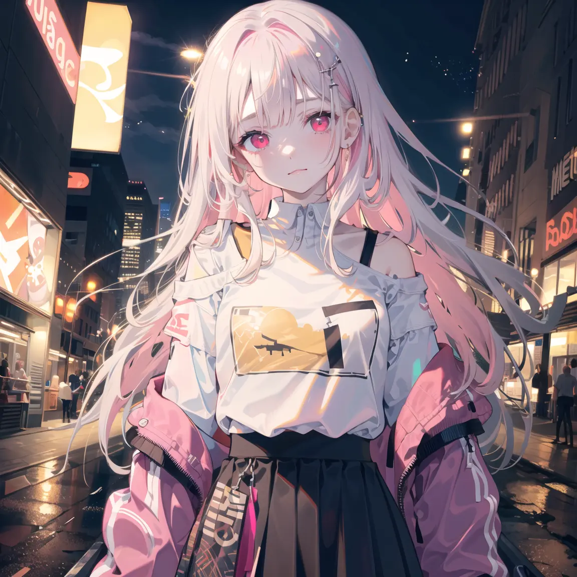 1girl, solo, , , (very_long_hair), (pink_hair:1.2), braids, (red_eyes), medium_breasts, (white_shirt:1.5), (windbreaker), (off_shoulder:1.2), (portrait), glowing_eyes, background_light, (cityscape:1.5), (pleated skirt, )(neon_lights:1.2), (science), cyberpunk, ((masterpiece)), (highres), (best_quality), (highly_detailed), (original),(Delicate background),(extremely detailed 8K wallpaper),cinematic lighting, volume lighting, light particles, shaded_face, beautiful_detailed_eyes, depth_of_field, perspective,