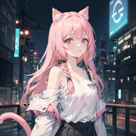 1girl, solo, loli, petite, (very_long_hair), (pink_hair:1.2), braids, (red_eyes), medium_breasts, (white_shirt:1.5), (windbreaker), (off_shoulder:1.2), (portrait), glowing_eyes, background_light, (cityscape:1.5), (pleated skirt)(neon_lights:1.2), (science), cyberpunk, ((masterpiece)), (highres), (best_quality), (highly_detailed), (original),(Delicate background),(extremely detailed 8K wallpaper),cinematic lighting, volume lighting, light particles, shaded_face, beautiful_detailed_eyes, depth_of_field, perspective,<lora:头发内部上色conceptColoredInner_v10:1,1,1,1,1,1,0.2,1,0.2,0,0,0.8,1,1,1,1,1>,<镭射服装conceptHolographic_holographicClothing:1,1,1,1,1,0,0.2,0,0.8,1,1,0.2,0,0,0,0,0>, (cat ears:1.5), (cat tail:1.5)