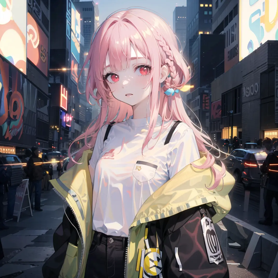 1girl, solo, , , (very_long_pink_hair), braids, (red_eyes), medium_breasts, (white_shirt:1.5), (windbreaker), (off_shoulder:1.2), (portrait), glowing_eyes, background_light, (cityscape:1.5), (neon_lights:1.2), (science), cyberpunk, ((masterpiece)), (highres), (best_quality), (highly_detailed), (original),(Delicate background),(extremely detailed 8K wallpaper),cinematic lighting, volume lighting, light particles, shaded_face, beautiful_detailed_eyes, depth_of_field, perspective,