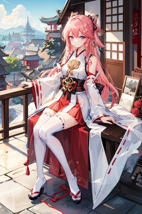 masterpiece, best quality, 1girl, solo, miko, nontraditional miko, full body, arms at side, purple eyes, white thighhighs, middle breasts, looking at viewer, ribbon, hair ribbon, wide sleeves, east asian architecture