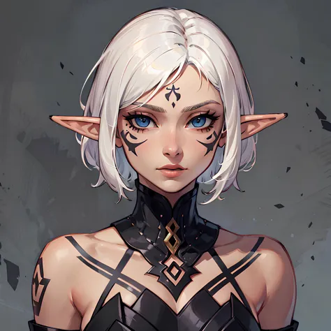 1girl, (elf, white hair, short hair, black stockings, face tattoo), masterpiece, best quality, highly detailed