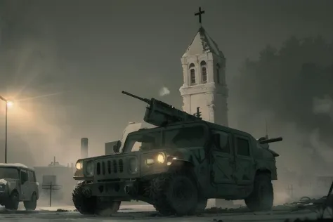 analog gloomy photo of a HUMVEE car,  driving through a decayed city (at night), ((church ruins)), dilapidated buildings, ((blood and corpses on the snow)), ((winter)), ((snow)), (horror movie), ((nighttime)),  ((green fumes:1.3)), High Detail, Sharp focus, (photorealism), realistic, best quality, 8k, award winning, dramatic lighting, epic, cinematic, masterpiece, rim light, ambient fog:1.2,