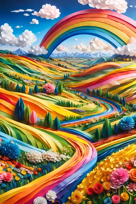 beautiful landscape, valley, flower, hills, small clouds, rainbow, ral-paperstreamer, illustration <lora:ral-paperstreamer:1>, (...