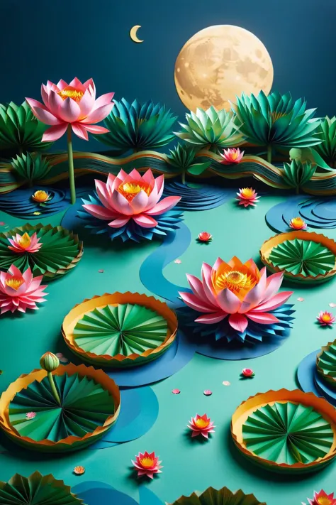 a close up of a paper cut of a pond with flowers