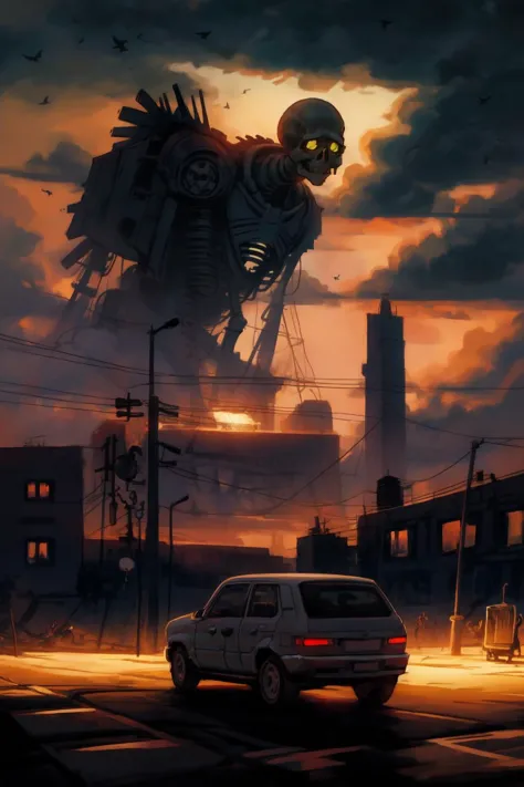 a picture taken from a car of a giant robot flying over a city