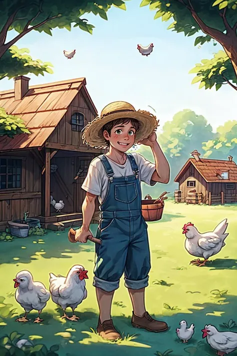 a close up of a person standing in a field with chickens