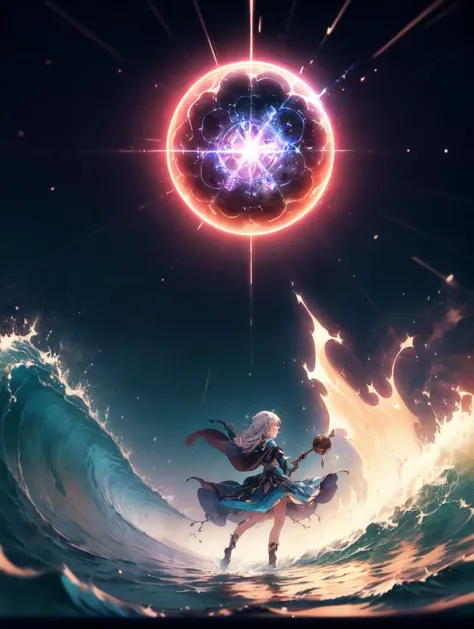 a woman in a long dress standing on a wave with a star above her