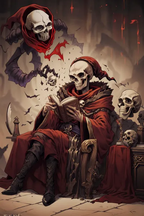 a drawing of a skeleton sitting on a throne with a book