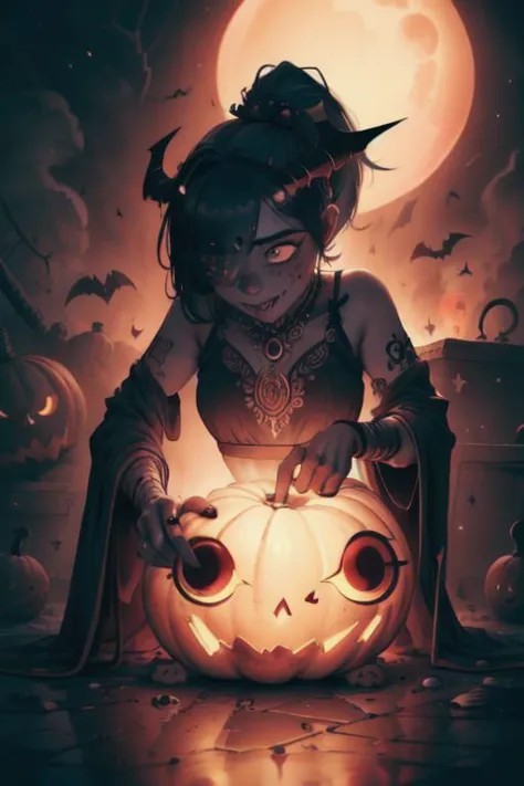 a girl in a witch costume holding a pumpkin in front of a full moon