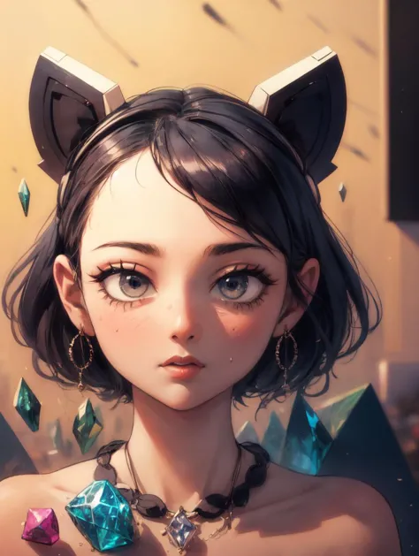 a woman with a cat ear and a necklace with crystals