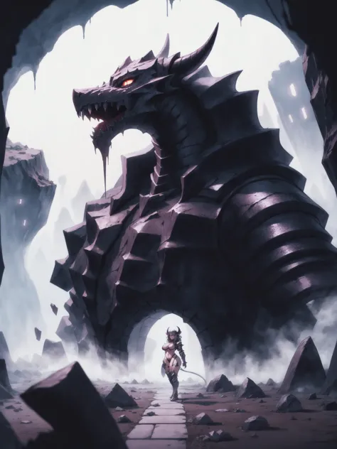 a close up of a person standing in front of a giant dragon