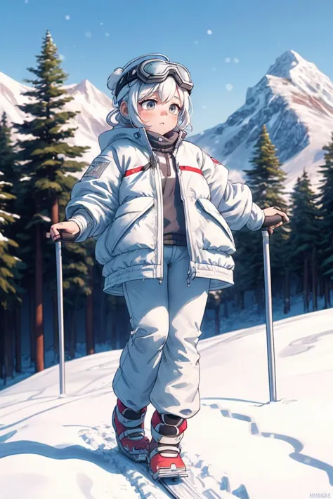 anime girl in a white jacket and red shoes on skis