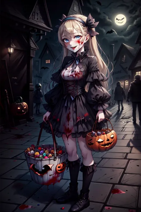 a woman in a dress and a hat holding a bucket of candy