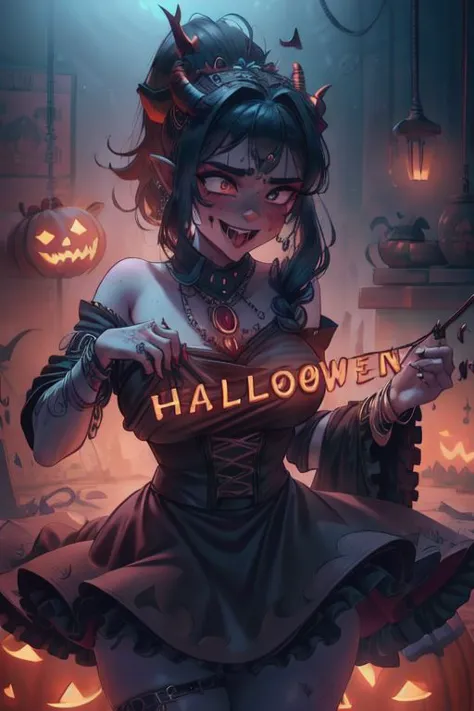 a woman in a costume holding a sign that says halloween