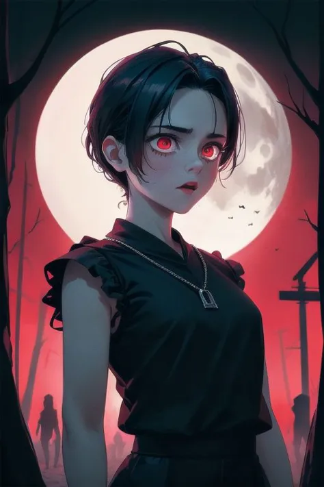 a woman with red eyes standing in front of a full moon