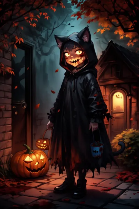 a little boy dressed as a cat with a pumpkin and a jack o lantern