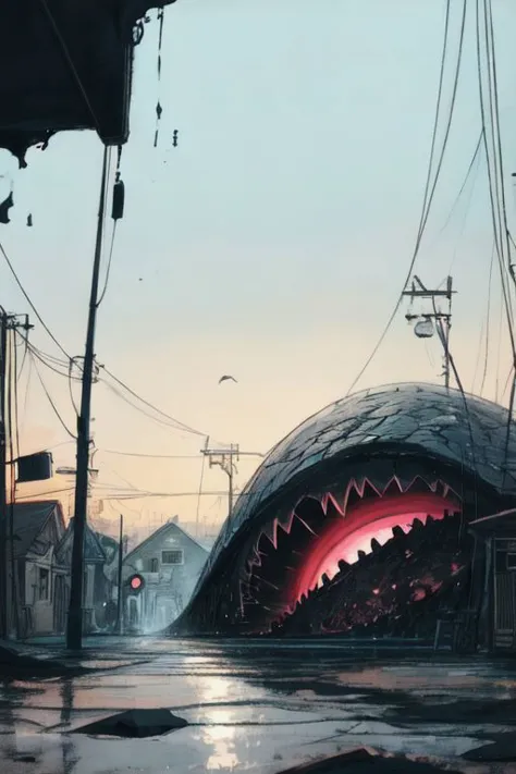 there is a shark that is in the middle of a street