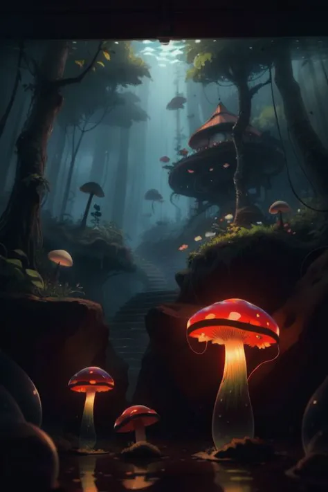 a group of mushrooms sitting on top of a lush green forest