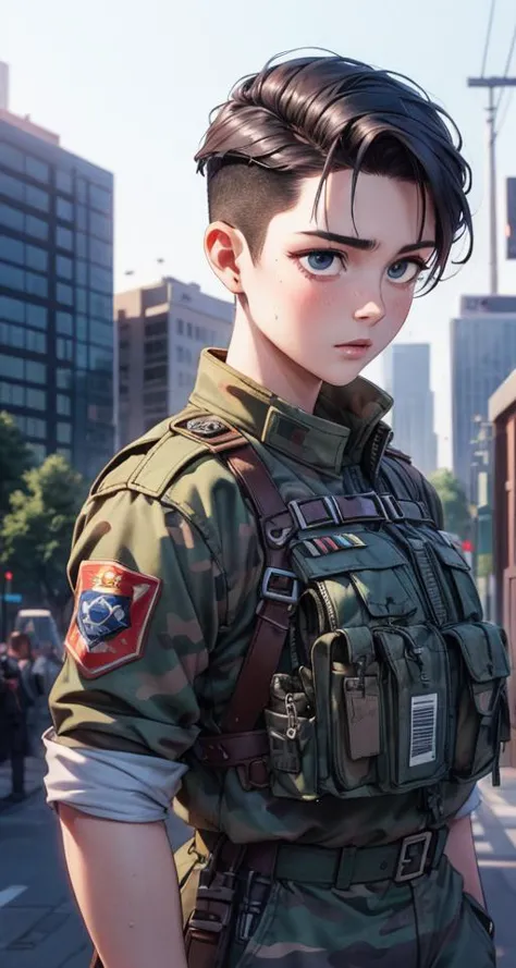 a close up of a person in a uniform on a street