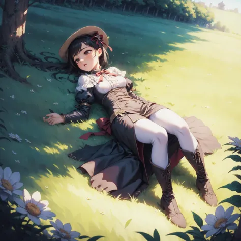 masterpiece, high quality, highly detailed, detailed background, female, girl, long dress, frills, (corset:0.6), boots, ribbons, bow, laying down, spread boidy, flowers, field, grass, medieval wear, from above, angle