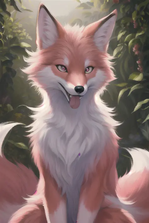 furry,  a large fullbody painting of a pink fox, smiling, showing tongue, long fluffy tail, detailed eyes, good anatomy, detaile...