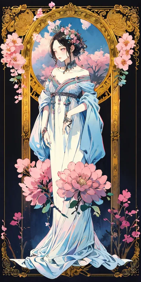 HEZI,Card design,a woman in a white dress standing in front of a tree with pink flowers on it and a blue sky,Chizuko Yoshida,rossdraws global illumination,a detailed painting,<lora:å¡çèºæ¯2-000010:0.65>,