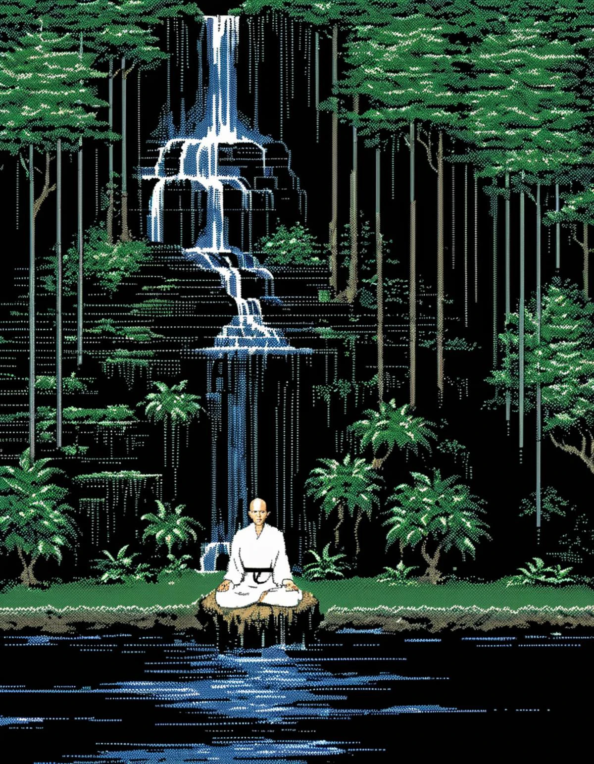Пиксельное изображение MacPaint монаха, медитирующего перед водопадом., пиксель арт, Лучшее качество, 80-е, минималистский, 
