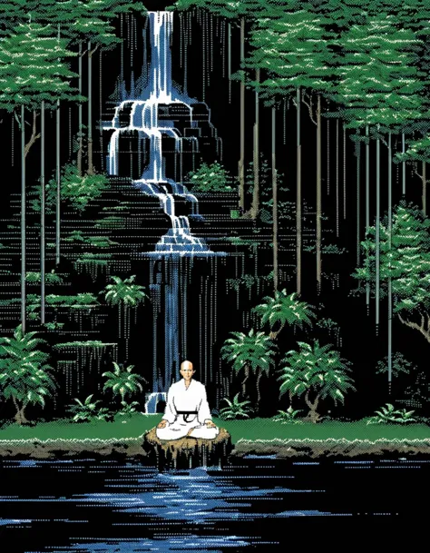 MacPaint pixel image of a monk meditating in front of a waterfall, pixel art, best quality, 80s, minimalist, <lora:Macpaint-XL:1...